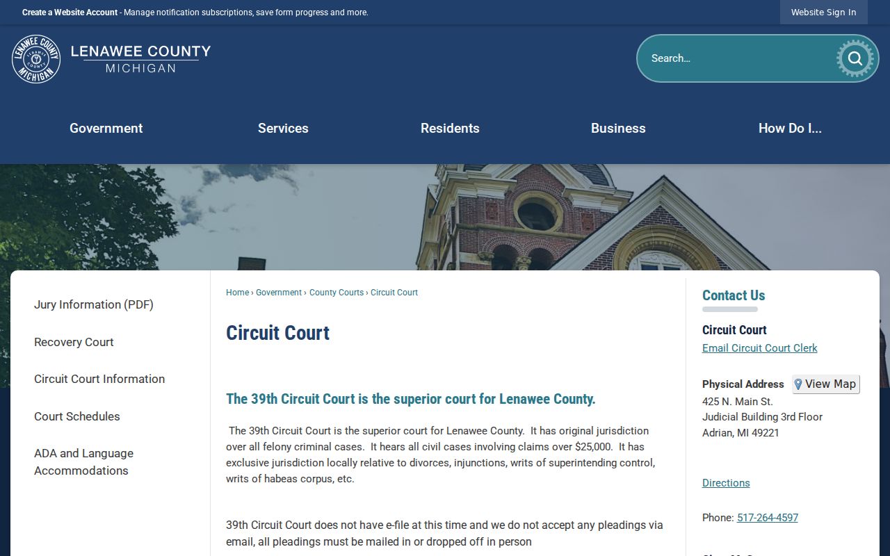 Adrian residents directory Lenawee Circuit Court public records page