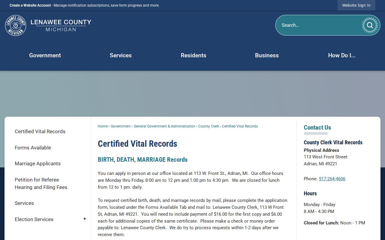 Adrian resident lookup Lenawee County certified vital records page