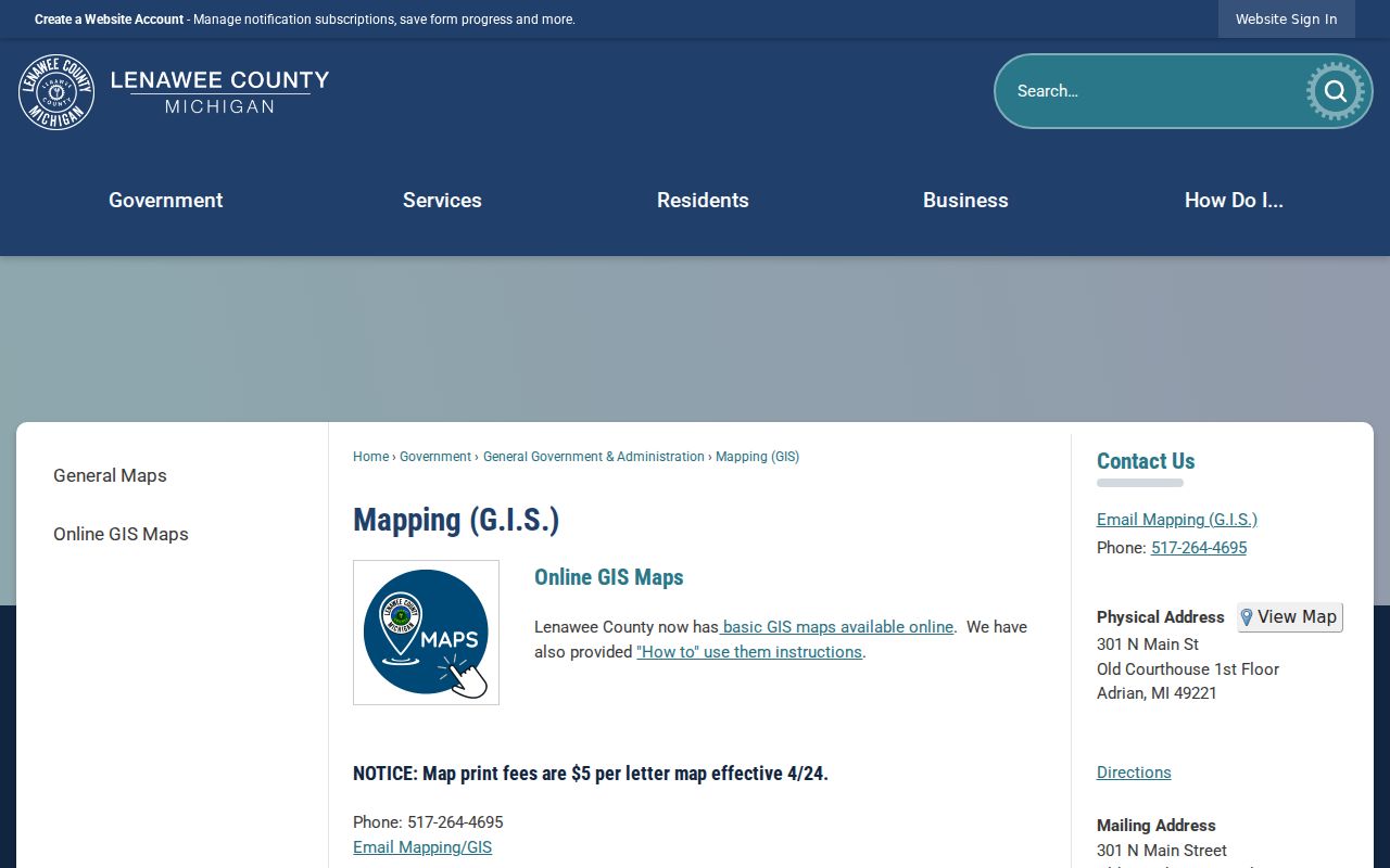 Adrian ZIP code directory Lenawee County GIS map page
